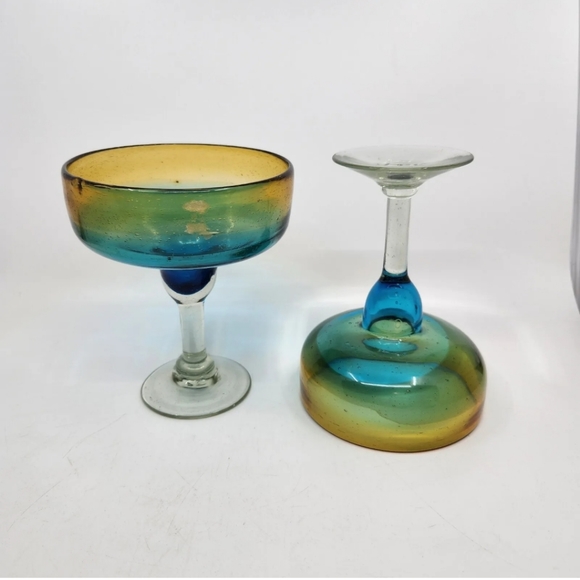 Vtg Pair Mexican Hand-Blown  Margarita Art Glasses Amber/ Turquoise Fade HEAVY - Picture 8 of 8